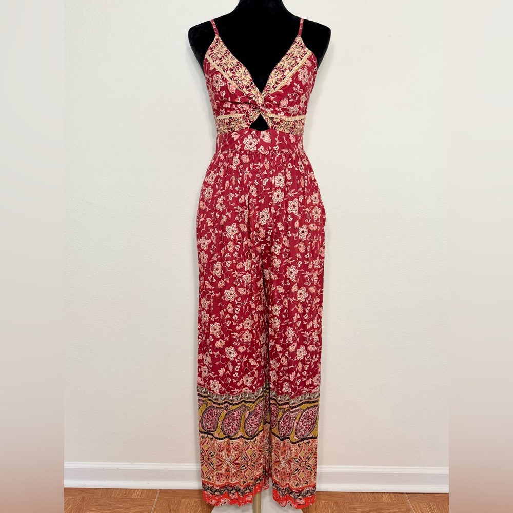 Angie Boho Multi Floral Print Twisted Cutout Front Sleeveless Wide-Leg Jumpsuit